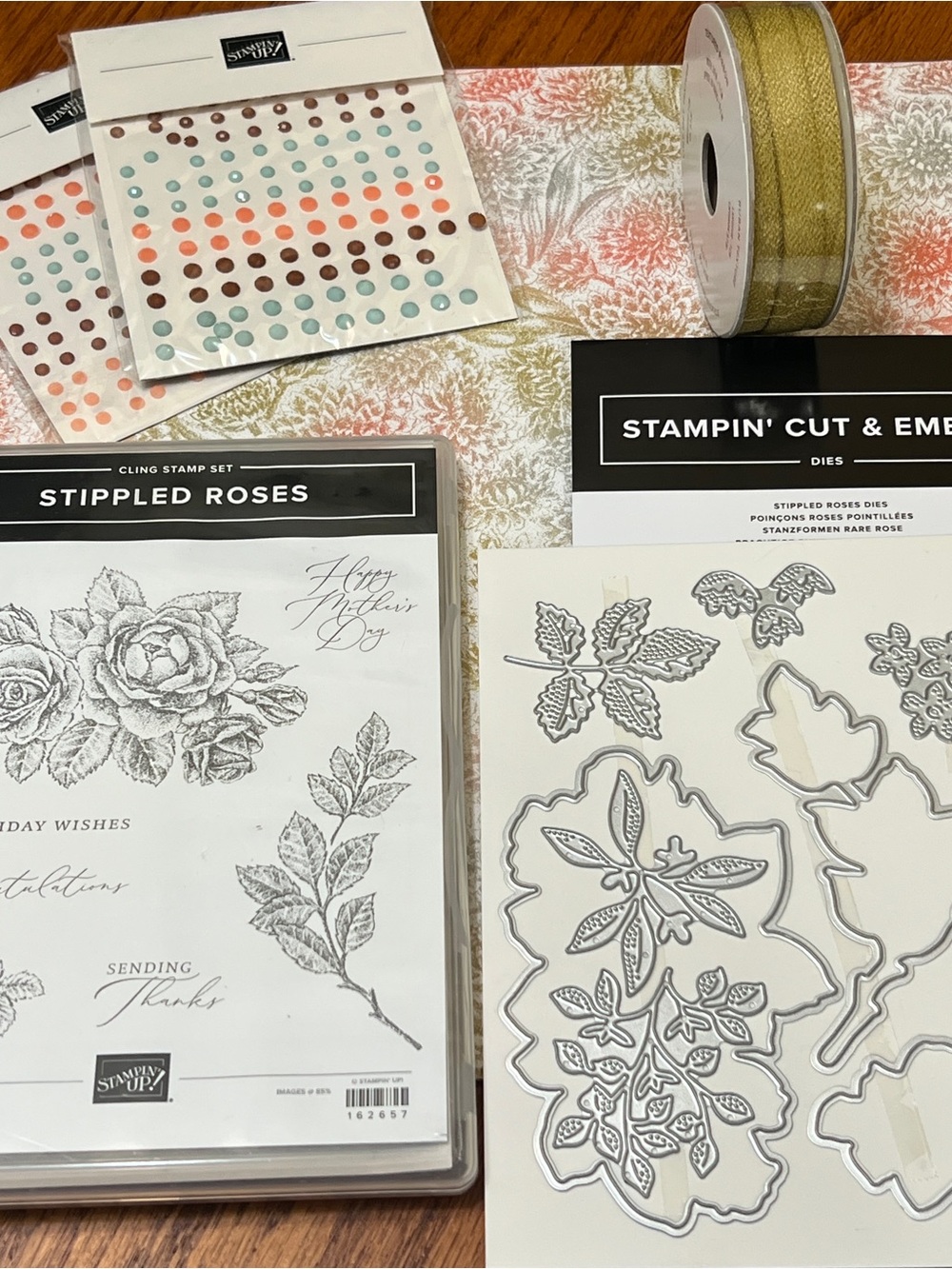 Stampin’ Up! Stippled Roses Bundle DSP Ribbon & Gems NEW